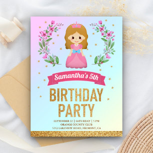 Invitation Carte Postale Fête d'anniversaire de princesse fleurs roses pail