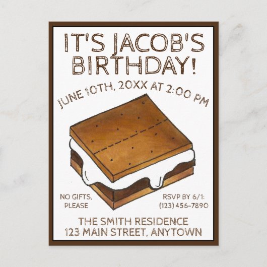 Invitation Carte Postale Fête d'anniversaire des Marshmallow S'mores au feu (Devant)