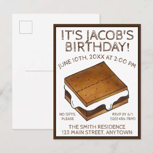 Invitation Carte Postale Fête d'anniversaire des Marshmallow S'mores de feu (Devant / Derrière)