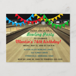 Invitation Carte Postale Fête d'anniversaire Editable Bowling Alley Lane