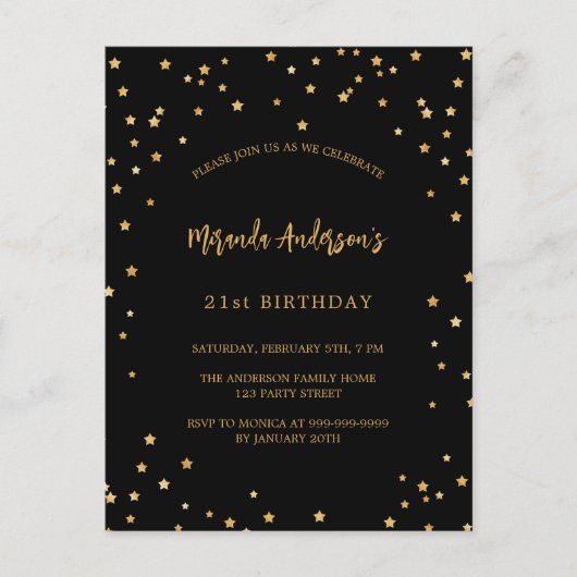 Invitation Carte Postale Fête d'anniversaire étoiles noires or (Devant)