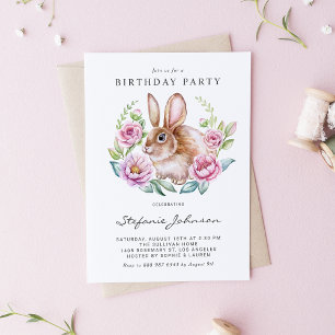 Invitation Carte Postale Fête d'anniversaire Lapin à l'aquarelle et Fleurs 