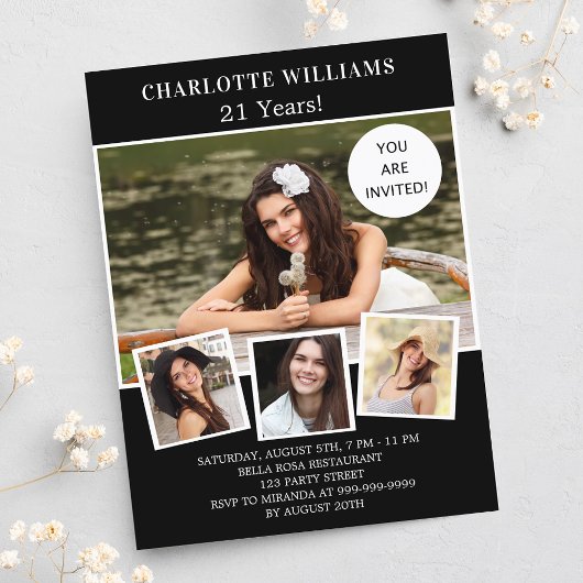 Invitation Carte Postale Fête d'anniversaire noir blanc photo collage