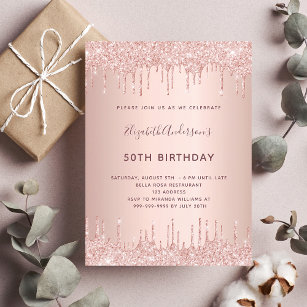 Invitation Carte Postale Fête d'anniversaire rose or rousse parties scintil