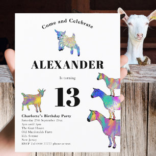 Invitation Carte Postale Fête d'anniversaire sur le thème de la chèvre mign