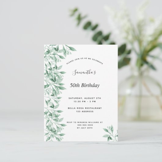 Invitation Carte Postale Fête d'anniversaire vert blanc botanique floral mo (Debout devant)