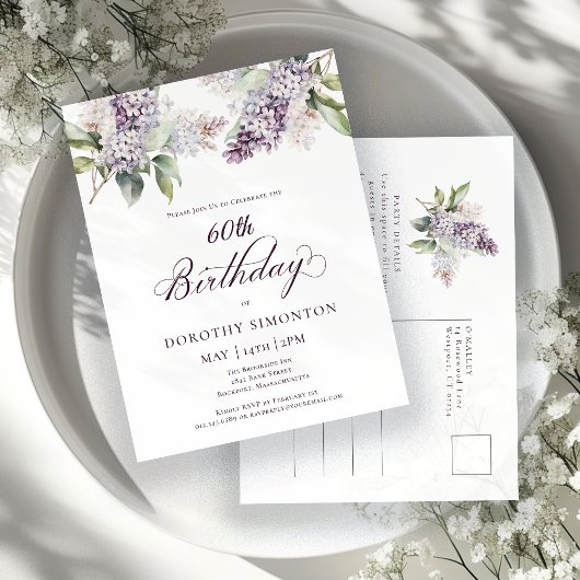 Invitation Carte Postale Fête de 60e anniversaire Purple Spring Lilac Fleur