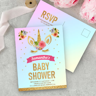 Invitation Carte Postale Fête de Bébé Licorne Magique Pailletée Dorée Migno
