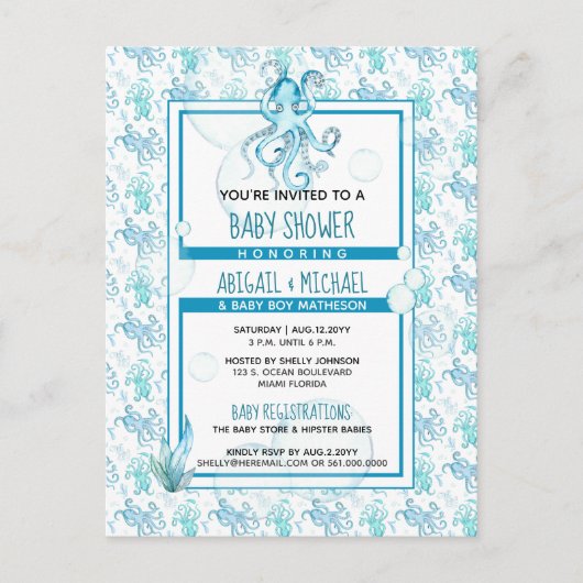 Invitation Carte Postale Fête de bébé pieuvre bleu sarcelle It's a Boy thèm (Devant)