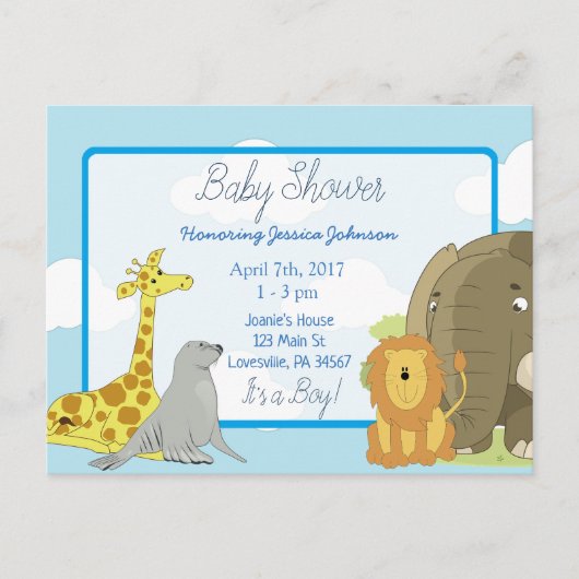 Invitation Carte Postale Fête de bébé thème animaux de la jungle ou du zoo (Devant)