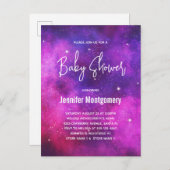 Invitation Carte Postale Fête de bébé thème espace rose et violet avec des  (Devant / Derrière)