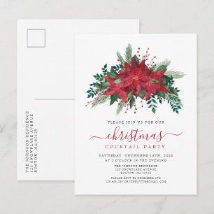 Invitation Carte Postale Fête de cocktail de Noël élégante Red Poinsettia