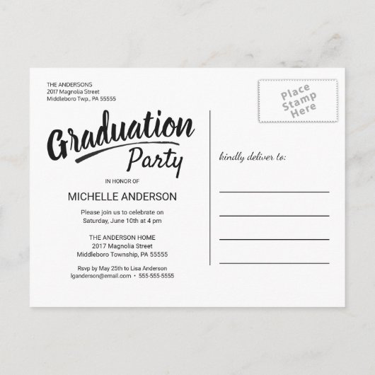 Invitation Carte Postale Fête de fin d'études Bold Brush Script 2 faces (Dos)