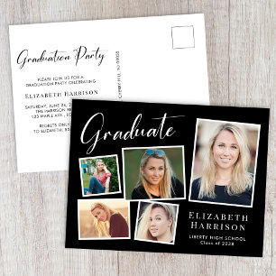 Invitation Carte Postale Fête de fin d'études noire élégante avec collage d