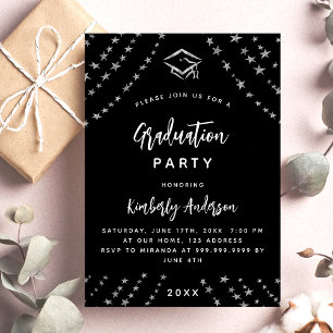 Invitation Carte Postale Fête de graduation des étoiles d'argent noir moder