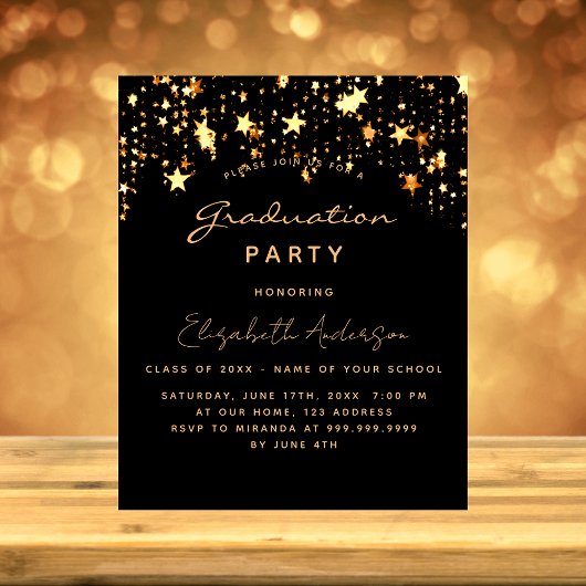 Invitation Carte Postale Fête de graduation étoiles d'or noir
