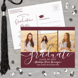 Invitation Carte Postale Fête de graduation Maron moderne et blanc 3 photo