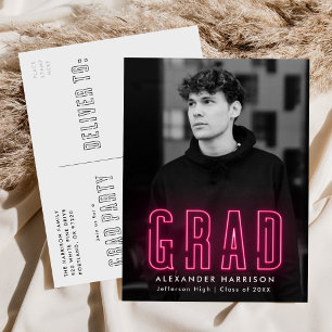 Invitation Carte Postale Fête de graduation photo Hot Pink moderne Hot Neon