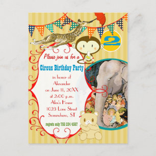 Invitation Carte Postale Fête de la Giraffe de singe Eléphant Circus âgé de