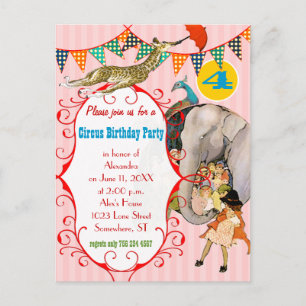 Invitation Carte Postale Fête de la Giraffe Eléphant Peacock Circus Enfants