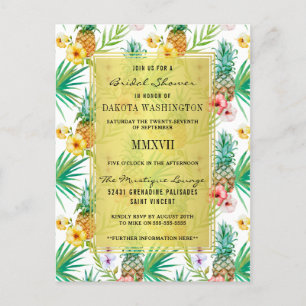 Invitation Carte Postale Fête de la mariée tropicale d'ananas et de ketmie
