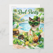 Invitation Carte Postale Fête de la Saint-Patrick : Pool Party du Chat Glam (Devant / Derrière)