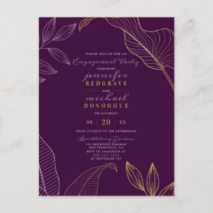 Invitation Carte Postale Fête de l'engagement moderne Violet Gold Sprigs