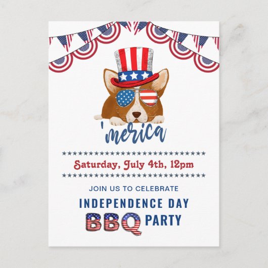 Invitation Carte Postale Fête de l'Indépendance drapeau américain Corgi BBQ (Devant)