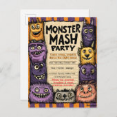 Invitation Carte Postale "Fête de Monster Mash" avec des monstres mignons (Devant / Derrière)