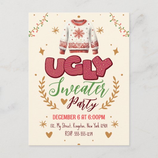 Invitation Carte Postale Fête de Noël au pull rétro moche (Devant)
