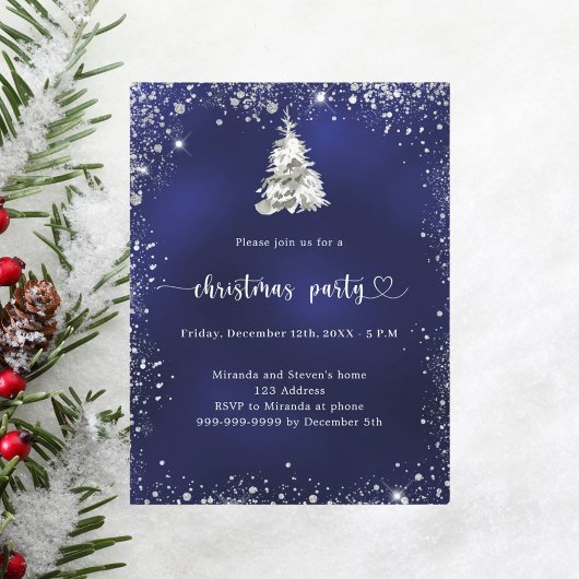 Invitation Carte Postale Fête de Noël bleu argent parties scintillant scint