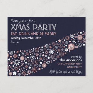 Invitation Carte Postale Fête de Noël Rose Gold Blanc Bleu Flocons de Neige