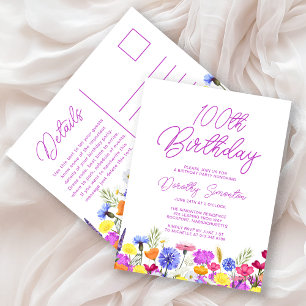 Invitation Carte Postale Fête des 100 ans Fleurs sauvages violettes Abordab