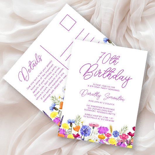 Invitation Carte Postale Fête des 70 ans Fleurs sauvages violettes Abordabl