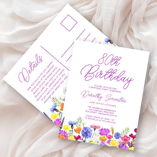 Invitation Carte Postale Fête des 80 ans Fleurs sauvages violettes Abordabl