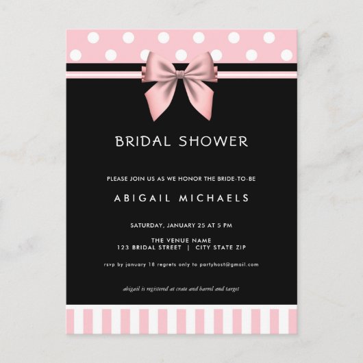 Invitation Carte Postale Fête des mariées à points rose et noir (Devant)