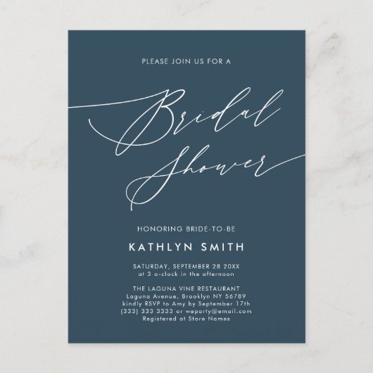 Invitation Carte Postale Fête des mariées bleu foncé Élégant Script minimal (Devant)