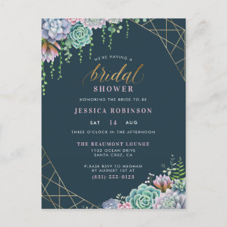 Invitation Carte Postale Fête des mariées chic Gold Frame & Script Succulen