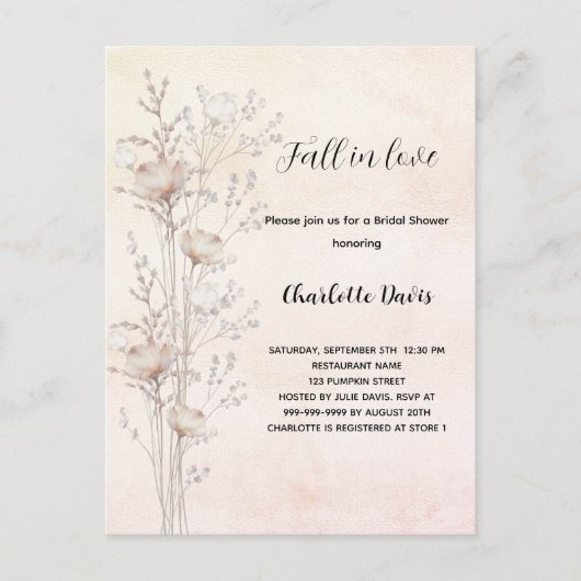 Invitation Carte Postale Fête des mariées crème poussiéreuse fleurs sauvage (Devant)