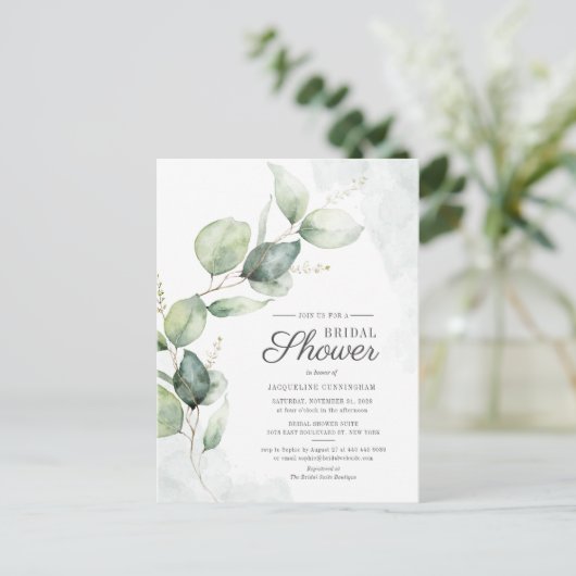 Invitation Carte Postale Fête des mariées d'aquarelle Eucalyptus Script Flo (Debout devant)