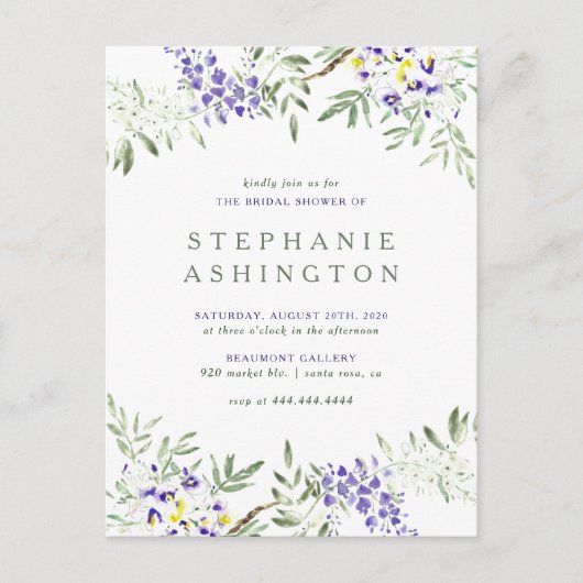 Invitation Carte Postale Fête des mariées de glycine à l'aquarelle violet (Devant)