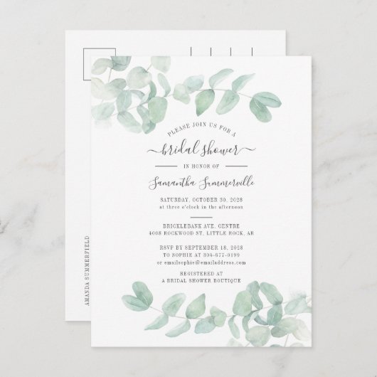 Invitation Carte Postale Fête des mariées de script botanique Eucalyptus Gr (Devant / Derrière)