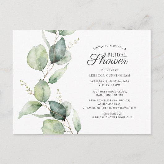 Invitation Carte Postale Fête des mariées de script Eucalyptus Greenery (Devant)