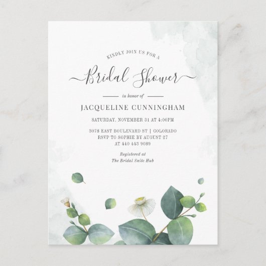 Invitation Carte Postale Fête des mariées Eucalyptus Script de verdure Succ (Devant)