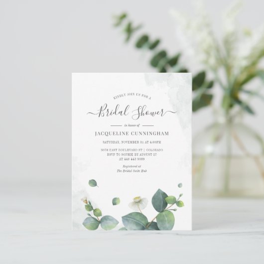 Invitation Carte Postale Fête des mariées Eucalyptus Script de verdure Succ (Debout devant)