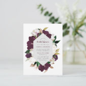 Invitation Carte Postale Fête des mariées florale dorée et prune pourpre (Debout devant)
