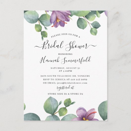 Invitation Carte Postale Fête des mariées florale Eucalyptus Vert (Devant)