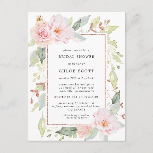 Invitation Carte Postale Fête des mariées florale rose (Devant)