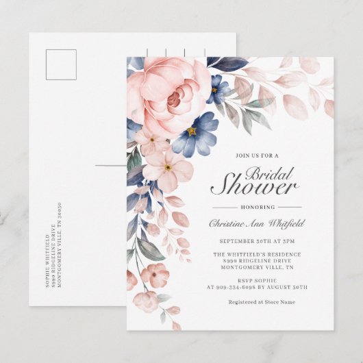 Invitation Carte Postale Fête des mariées florale rose moderne (Devant / Derrière)