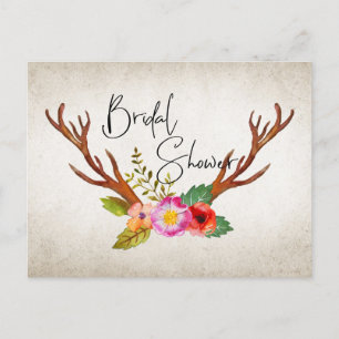 Invitation Carte Postale Fête des mariées florale Rustic Deer Antlers